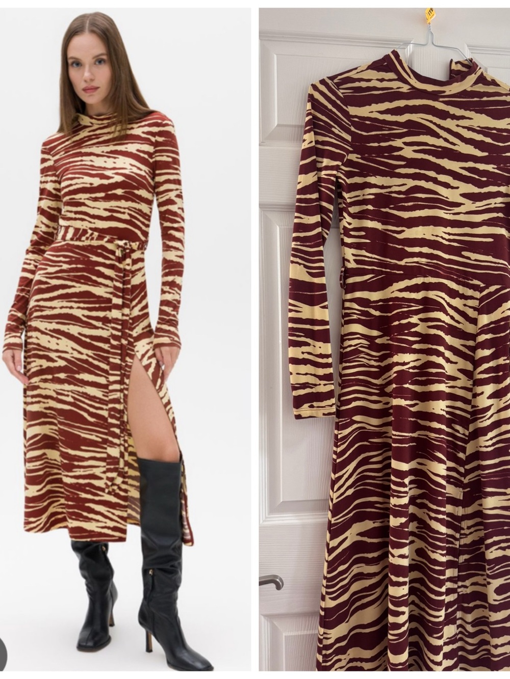 H&M Burgundy and Cream Animal-Print Long Sleeve Midi Dress